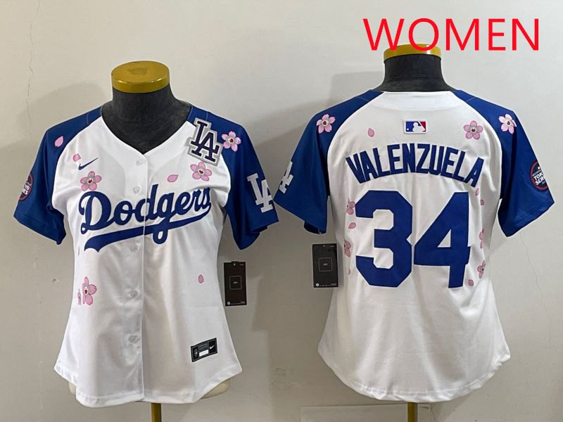 Women Los Angeles Dodgers #34 Valenzuela White Blue Sakura Edition 2025 Nike MLB Jersey style 38->women mlb jersey->Women Jersey